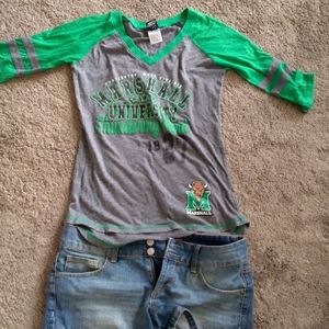 MU shirt and Jean shorts